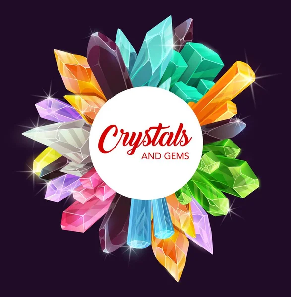Crystals and gems frame, quartz, diamond, amethyst — Stock Vector