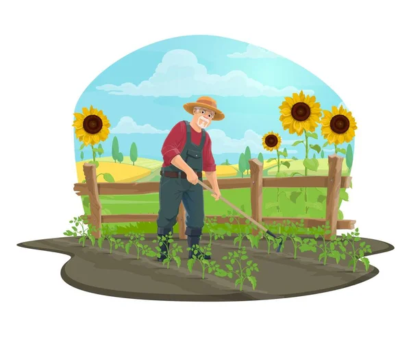 Farmer or gardener with hoe in vegetable garden — Stock Vector