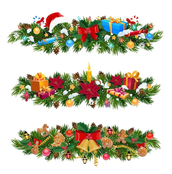 Árvore de Natal e grinalda azevinho com presentes de Natal — Vetor de Stock