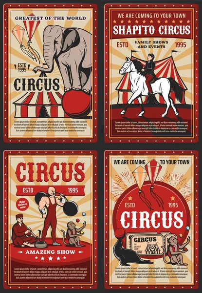 Top grande de circo, animales de carnaval y hombre fuerte — Vector de stock