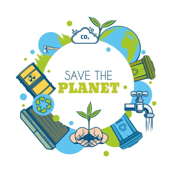 Planeta Tierra, árbol verde e icono de papeleras de reciclaje — Vector de stock