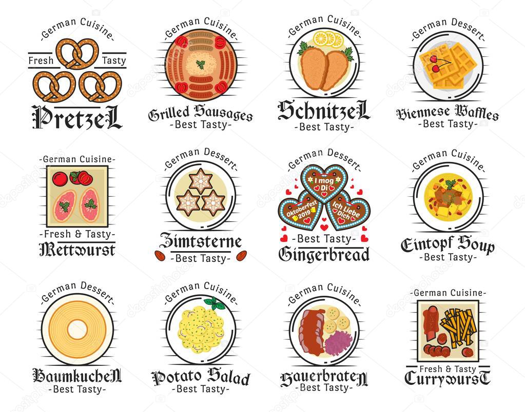 German cuisine vector icons of meat dishes with vegetables and desserts. Mettwurst sausages, pretzel and currywurst, schnitzel, eintopf and sauerbraten, viennese waffles, potato salad and gingerbread