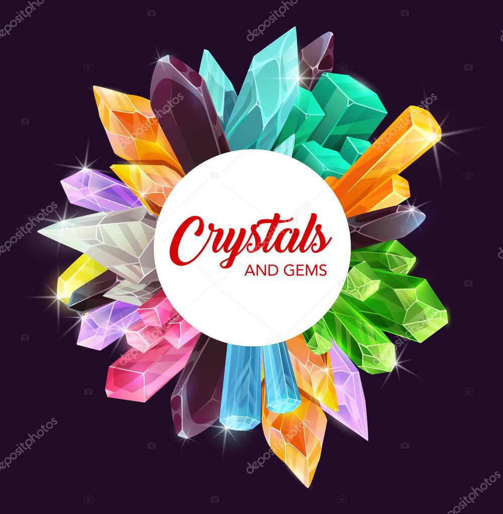 Crystals and gems frame, quartz, diamond, amethyst