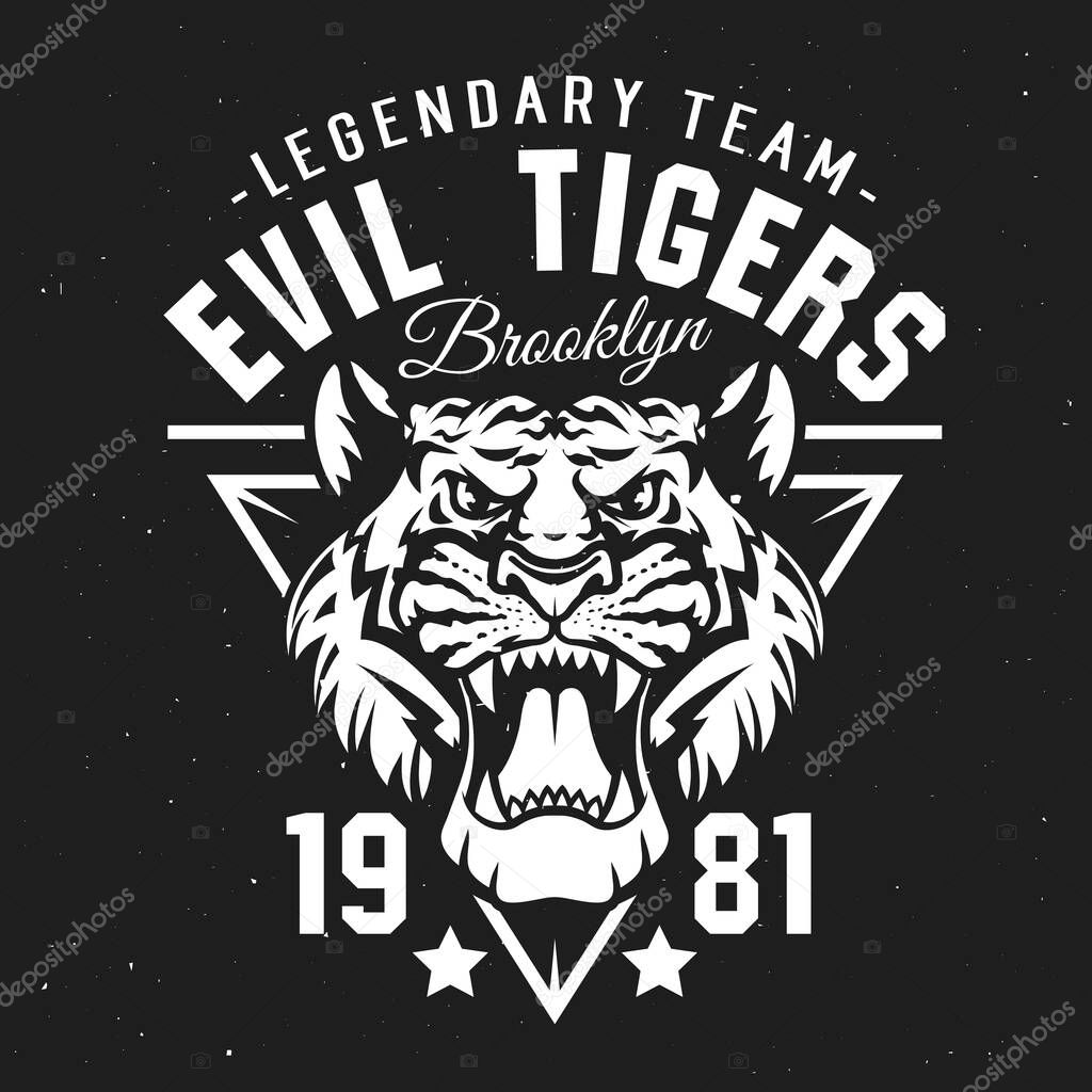 University sport club and college or school team league badge. Vector T-shirt print, tiger animal and year, baseball or football, soccer and basketball Brooklyn team mascot emblem