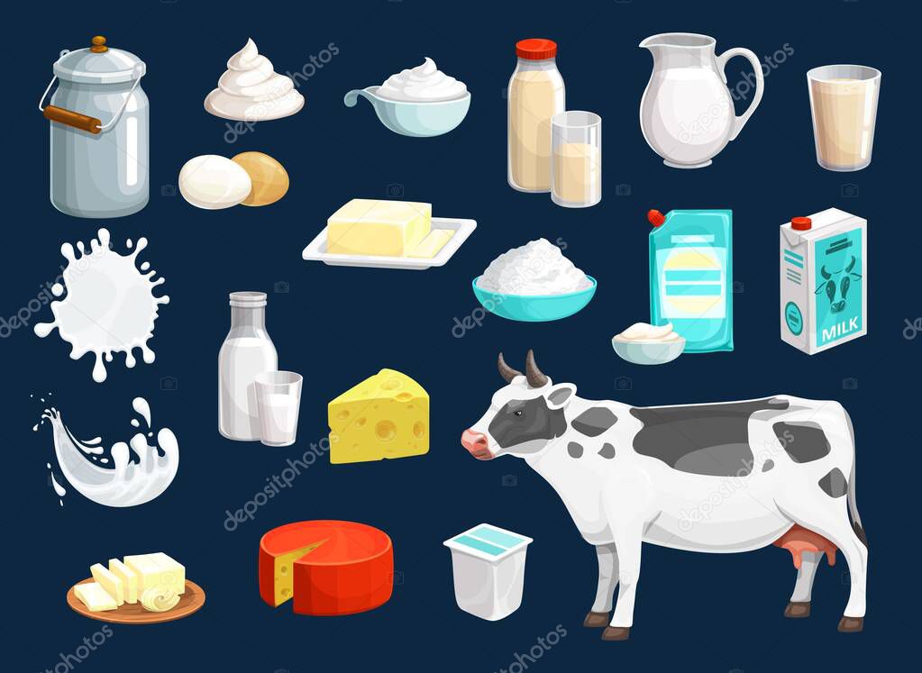 Milk, yogurt, cheese, butter, cream and cow icons