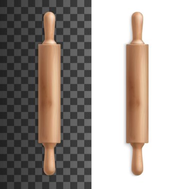 Fırın aletleri ve mutfak aletlerinin merdane ya da hamur silindiri gerçekçi vektörü. Şeffaf ve beyaz arkaplanda kulpları olan tahta oklavalar