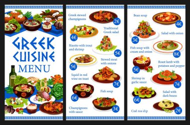 Yunan mutfağı menü şablonu deniz ürünleri, et, balık ve tatlılarla dolu. Fasulye çorbası, karidesli risotto ve alabalık kremalı çorba, peynirli ve zeytinli Yunan salatası, şarap soslu kalamar, morina balığı sosu.