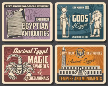 Antik Mısır Krallar Vadisi nekropolü, Rosetta taşı ve tanrılar, kutsal akrep, Ankh sembollü Thoth ve Hathor, bokböceği ve Luxor dikilitaşlı. Arkeolojik ve tarihi posterler