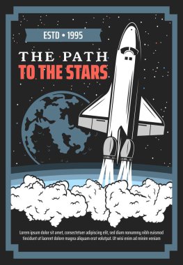 Spaceship launch to space, galaxy exploration vector design. Rocket, planet, space ship and shuttle, universe, stars and comets retro poster of astronomy science, spacecraft and galaxy adventure clipart