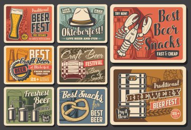 Oktoberfest bira festivali alkollü içki retro posterleri. Bardaklar, bardaklar ve Alman şenlikleri bira, kraker ve bira fıçıları bira ve bira, arpa ve malt, hop ve buğday