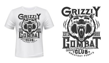 Kızgın ayı maskotu tişört izi vektör modeli. Maw Boz Ayı kafası ve tipografisinde kükreyen ve sivri dişlerini gösteren. Dövüş Sanatları Kulübü, Dövüş veya Güreş Takımı amblemi, Özel baskı modeli