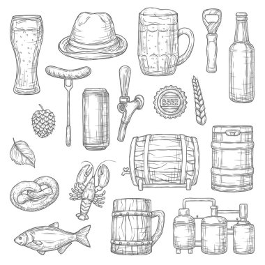 Bira alkollü içecek bira fabrikası, bar ve bar vektör tasarımının izole çizimleri. Bardak, şişe ve kupa bira, bira ve bira fıçısı, buğday, hop, sosis ve kraker, bira tankı ve fıçı nesneler.