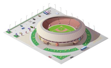 Beyzbol sporunun izometrik stadyum binası. Yeşil oyun alanına, tribünlere ve projektörlere, araba ve otobüs parkına, sokak ve yola, mimariye, şehir altyapı tasarımına sahip 3D vektör spor alanı