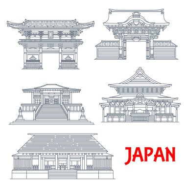 Japon seyahat işaretleri Tokyo 'da. Budizm dininin ince binaları Nishi Honganji, Zensho-an ve Jokoji, Nogi Tapınağı ve Shinto Nezu Tapınağı 'nın kapısı, Budist mimarisi.