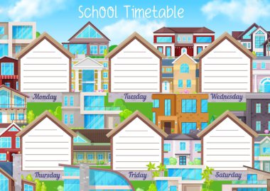Okul takvimi, eğitim programı veya öğrenci planlama vektör şablonu. Apartman, kulübe, köy evi, villa, bungalov, konut binaları ile arka planda haftalık çalışma planı