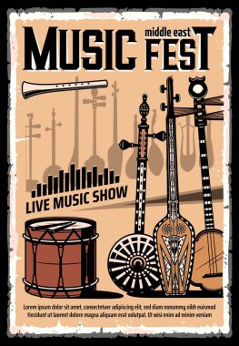 Festival of Middle East music vector poster with folk musical instruments. Lyre guitar, drum with drumsticks and shamisen, pipe, mandolin, saz, tar, erhu and kamancheh, ethnic music fest concert clipart