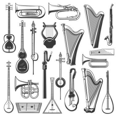 Müzik aleti çizimleri izole etti. Arp, borazan, kornet ve klarnet, balalayka, lir ve tuba, klasik gusli, saz, katran ve duduk, kamançi ve tanbur, ip ve rüzgar enstrümanları.