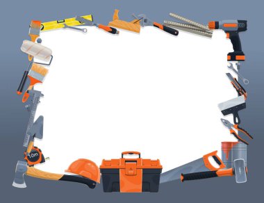 Yapım ve onarım araçları vektör çerçeve sınırı. Çekiç, matkap, boya, fırça ve silindir, alet çantası, kask, anahtar ve anahtar, kerpeten, mala, spatula ve mezura, balta, testere ve bıçak deseni.