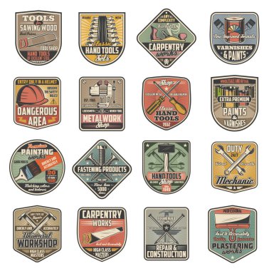 Tamir, DIY, marangozluk ve yenileme işlerinin yapı ikonları. Vektör çekiç, tornavida, boya ve fırça, İngiliz anahtarı veya anahtar, başlık, testere, spatula ve vida, ahlak ve uçak rozetleri.