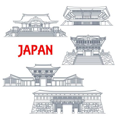 Japonlar din ve spordan oluşan ince vektör çizgili binalarla seyahat ederler. Meiji Jingu, Hanazono ve Kunozan Toshogu 'nun Shinto Tapınakları, Nippon Budokan Arena ve Kochi Kalesi' nin Otemon Kapısı