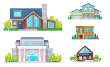 Gayrimenkul ikonlarından oluşan binalar. İki katlı ev, kulübe, villa ve bungalov, malikane ve konak ön kapıları, pencereleri, çatıları, bacaları, garajı, verandası ve mansalı.