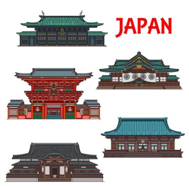 Japonlar Tokyo 'nun vektör binalarıyla birlikte seyahat ederler. Budist Gokoku-ji, Sengaku-ji ve Konfüçyüsçü Yushima Seido tapınakları, Yasukuni İmparatorluk Tapınağı ve Kanda Myojin Tapınağı.