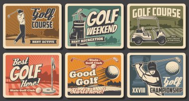 Golf sporu vektör kulüpleri, toplar ve tişörtler, bayraklar ve delikler yeşil çimen sahası üzerinde oyuncularla, golfçülerle ve arabalarla, kazanan kupa ve çanta. Golf kulübü şampiyonluk turnuvasının eski posterleri.