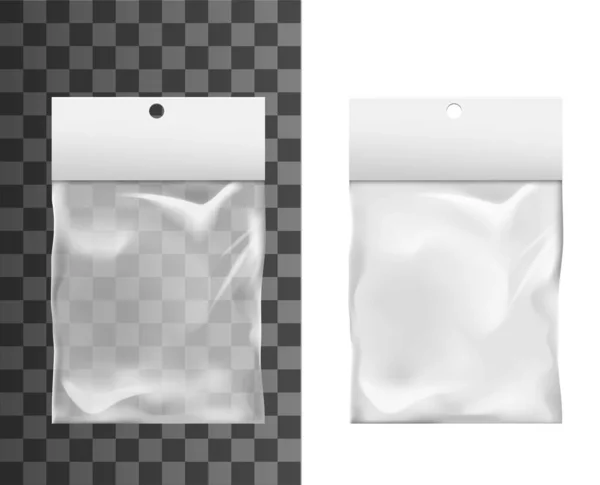 包装矢量设计的塑胶袋模型 实用透明袋装 透明聚乙烯袋或白色悬挂槽包装 零售产品包装集装箱主题 — 图库矢量图片