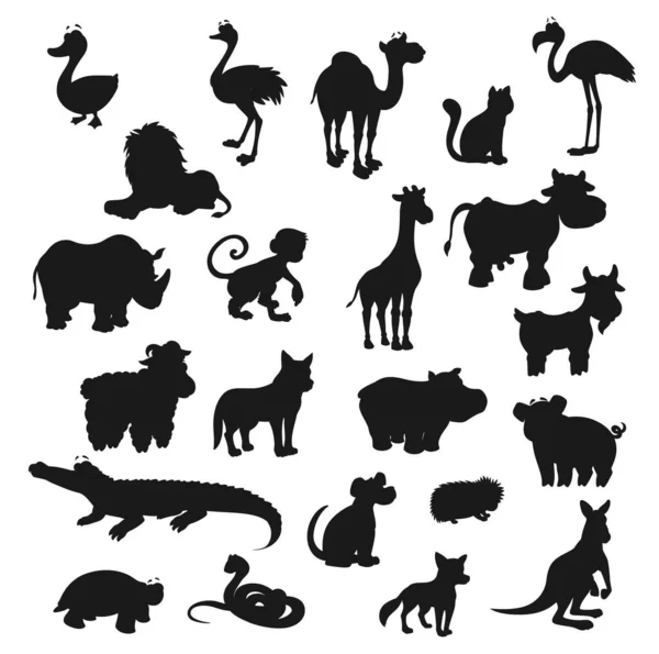 Cartoon Dieren Geïsoleerde Zwarte Silhouetten Vector Wilde Leeuw Vos Safari — Stockvector