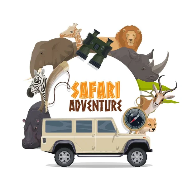Safari Jagd Sport Und Afrikanische Tiere Vektor Design Safari Jägerauto — Stockvektor