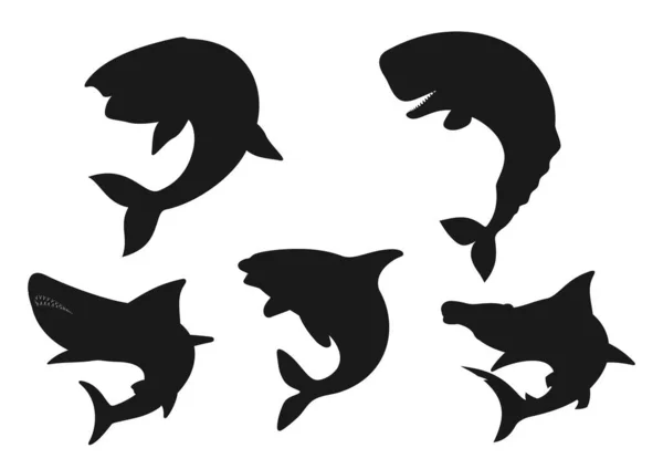 Φάλαινα Καρχαρίες Και Όρκα Μαύρες Σιλουέτες Θαλάσσιων Ζώων Διάνυσμα Μπλε — Διανυσματικό Αρχείο