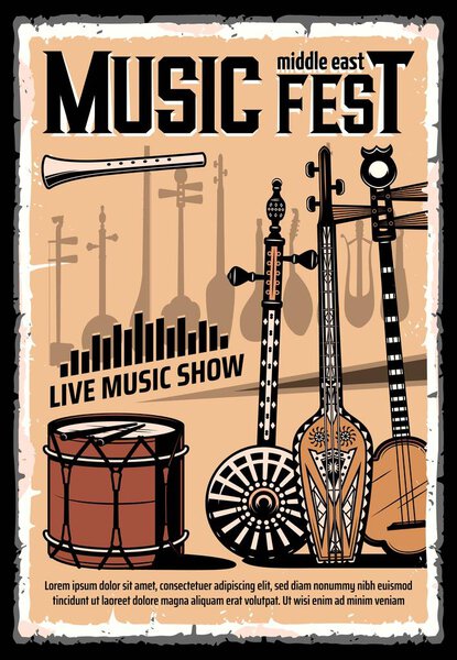 Festival of Middle East music vector poster with folk musical instruments. Lyre guitar, drum with drumsticks and shamisen, pipe, mandolin, saz, tar, erhu and kamancheh, ethnic music fest concert