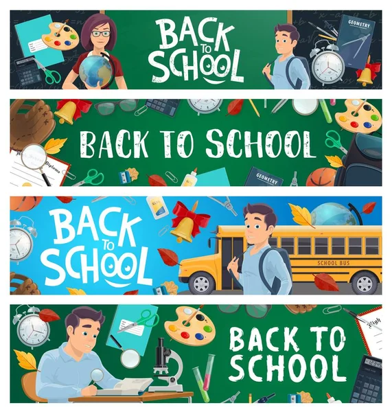 School Education Banners Cartoon Pupil Teacher School Bus Vector Set — Stock Vector