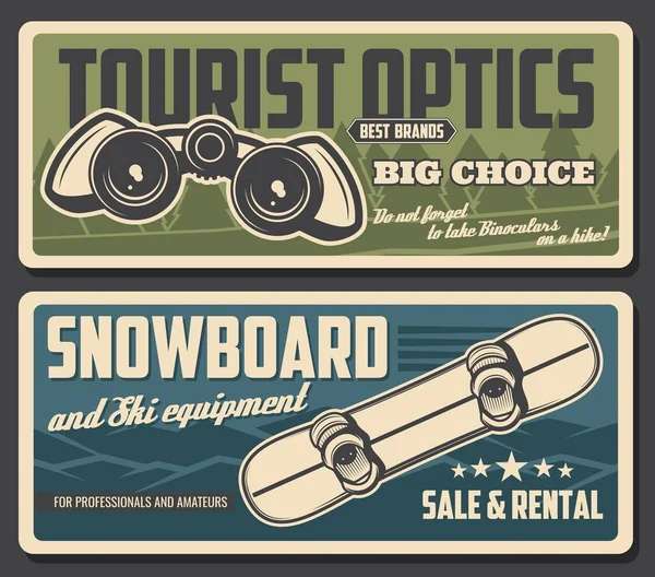 Snowboard Und Ferngläser Vektor Design Von Tourismusausrüstung Und Snowboard Sportausrüstung — Stockvektor