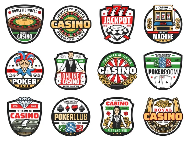 カジノルーレットとポーカーギャンブルゲームのクワイパーベクターアイコン カジノは カード ルーレットホイール ダイスとチップ ジャックポット スロットマシン ブラックジャック キャッシュマネーとゴールドコイン ラッキーホースシュー — ストックベクタ