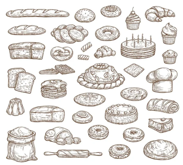 面包和糕点分离素描图标 病媒食品面包店 面包和羊角面包 纸杯蛋糕 甜甜圈和松饼 椒盐饼干 饼干和华夫饼 麦片和面团 — 图库矢量图片