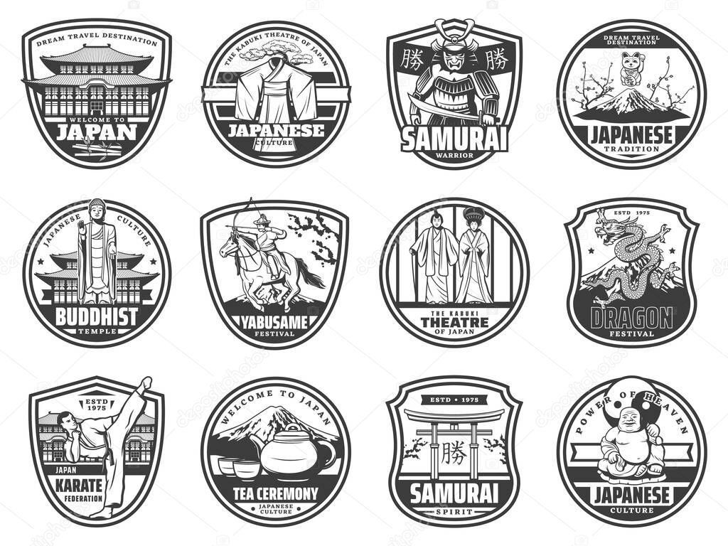 Travel, culture, sport and religion of Japan vector icons. Fuji mountain, bonsai tree, tea ceremony and geisha kimono, buddhist temple, dragon and samurai, yabusame and kabuki theatre, karate sport
