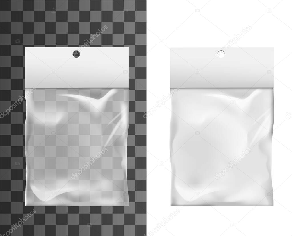 Plastic bag mockup of package vector design. Realistic transparent pocket bag, clear polythene pouch or pack with white hang slot, retail product packaging container themes
