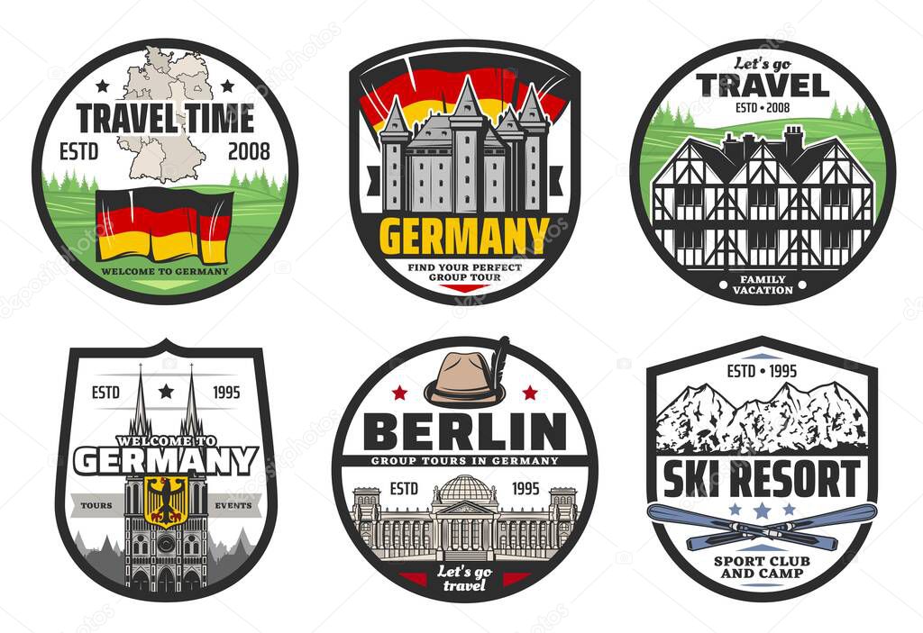 Germany travel and landmark isolated vector icons. Flag, map and coat of arms of Germany, Berlin famous building, Alps mountains, fachwerk house and bavarian hunting hat
