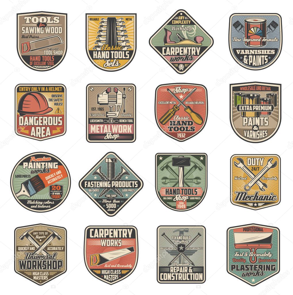 Construction tool icons of repair, DIY, carpentry and renovation works. Vector hammer, screwdriver, paint and brush, wrench or spanner, hard hat helmet, saw, spatula and screw, vice and plane badges