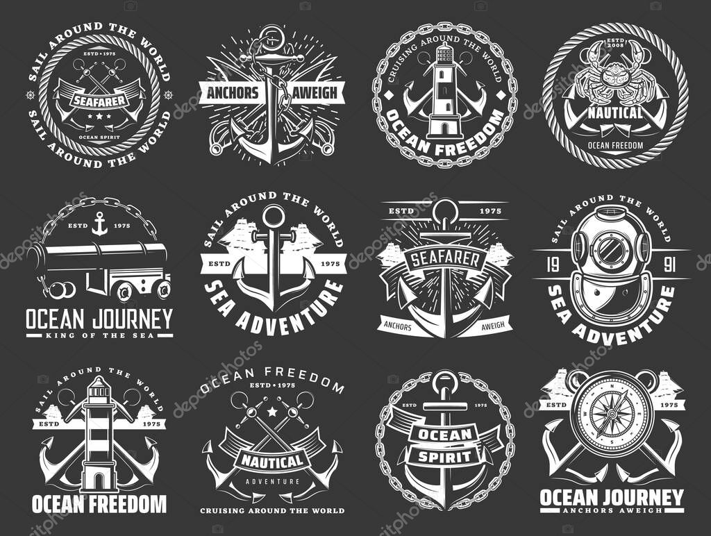 Nautical icons with sea ship anchors, chains and ropes of marine travel or journey. Vector sail boats, sailor compass roses, lighthouses and diver helmet, naval cannon, swords and crab, naval heraldry