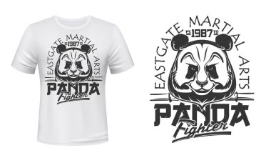 Panda, dövüş kulübü vektör tişörtü baskı modeli dövüş sanatları ve dövüş sporları tasarımı. Asyalı panda ile özel giysi şablonu bambu çubuklu vahşi hayvan kafası grunge taklidi