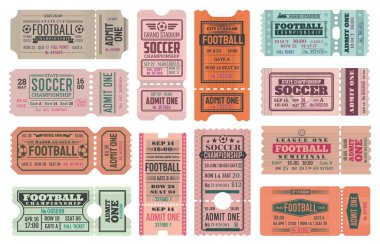 Futbol ya da futbol bir bilet vektör şablonu, spor şampiyonası maç tasarımı. Futbol ligi yarışması davetiye kartları, giriş veya geçiş kuponları toplar, oyun alanı ve gol kapısı