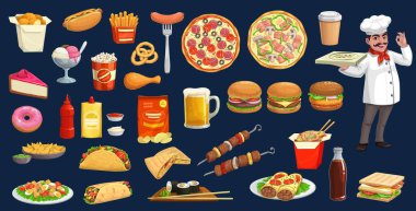 Fast food, içecek ve şef çizgi film setiyle tatlılar. Vektör burger, pizza, hot dog, soda ve kahve, hamburger, sandviç, tavuk budu ve nugget, patates, taco, burrito, suşi, erişte ve dondurma.