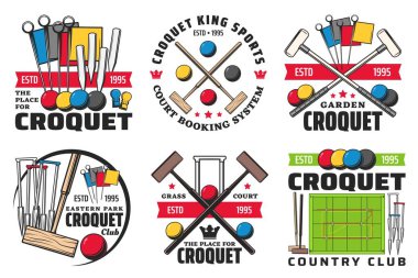 Croquet sport isolated icons with vector game balls, mallets and wickets or hoops, scoring post and corner flags on green court. Croquet sport club and tournament competition emblems design clipart