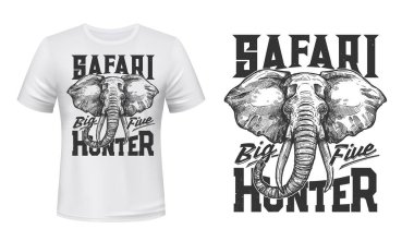 Fil hayvan tişörtü modeli, vektör Afrika safari av sporu. Afrika ya da Hint fillerinin başı ve büyük beş hayvan harfli avcı kulübünün özel bir tasarımı.