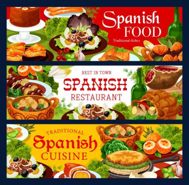 İspanyol mutfağı pankartları, et, balık ve sebze yemekleri ve tatlı. İberya jambonu, sığır kebabı ve ton balığı güveci, börek, churros ve omlet, sardalya salatası, mus ve çorba.