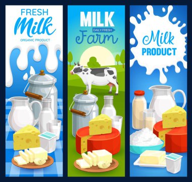 Süt ürünleri süt ürünleri taşıyıcı gıda pankartları. Çiftlik ineği sütü, peynir, tereyağı, krema ve yoğurt şişeler, bardaklar, sürahiler ve tenekeler, süzme peynir, kefir, kaymak ve tereyağı, doğal içecek tasarımı