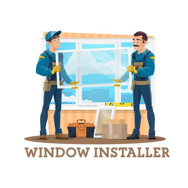 Fenstermontagevektordesign Von Bauarbeitern Zimmerleuten Oder Fensterbauern Mit Glas Und Kunststoffscheiben — Stockvektor