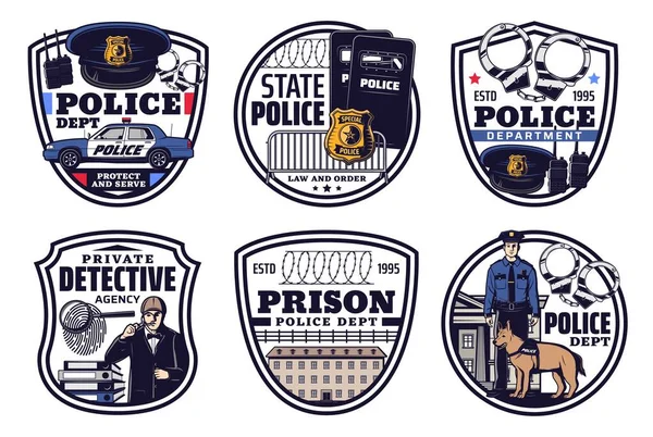 Politie Detective Justitie Geïsoleerde Iconen Van Vectorrecht Orde Insigne Handboeien — Stockvector